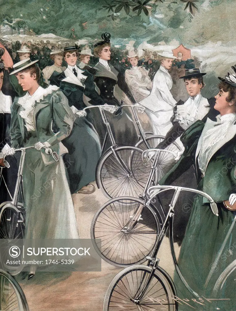 Society ladies cycling in Hyde Park, London. From Vanity Fair London June 1896