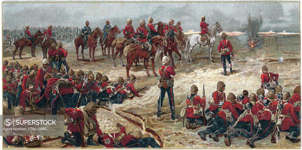 Stock Photo: 1746-5340 Lieutenant-General Garnet Wolseley (later Viscount Wolseley) 1833-1913, directing battle of Tel-el-Kebir, 13 September 1882 at end of Egyptian expedition crushing Arabi Pasha's revolt. Chromolithograph 1887