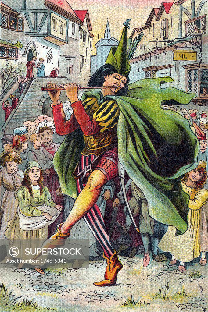 Stock Photo: 1746-5341 Pied Piper leading away children of German town of Hamelin. Illustration from children's book of c1899. Best known in English speaking world from Robert Browning's poem, the legend is that in 1284 town infested with rats. Piper not paid for ridding town of vermin, so returned and this time when he played his pipe all the children came out and he led them away. Only two remained, one blind and one lame. Oleograph
