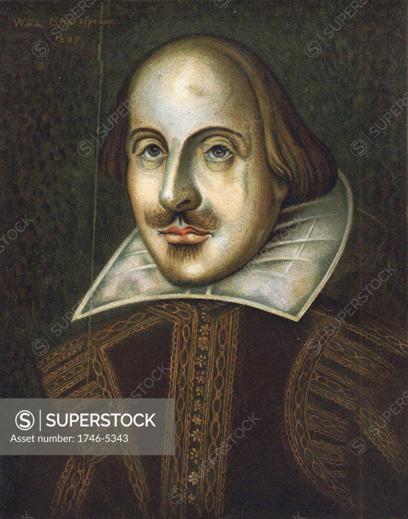 Stock Photo: 1746-5343 William Shakespeare (1564-1616) English playwright. Anonymous portrait in oils dated 1609. This is the portrait engraved by Droeshout for the First Folio of 1623