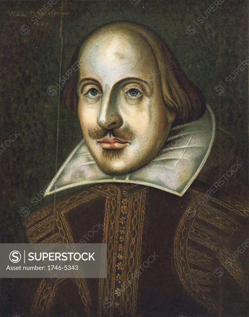 William Shakespeare (1564-1616) English playwright. Anonymous portrait in oils dated 1609. This is the portrait engraved by Droeshout for the First Folio of 1623