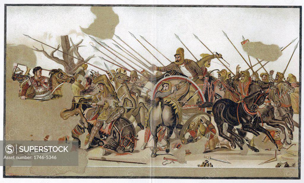 Stock Photo: 1746-5346 Alexander The Great (356-323BC) The Battle of Alexander, depicting defeat by Alexander of the forces of Persian king Darius III at Issus in Cilicia 333 BC. After mosaic discovered at Pompeii based on picture by Alexandrian artist