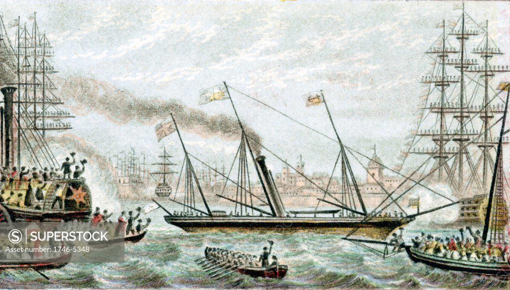 Stock Photo: 1746-5348 'Victoria and Albert' the first steam-driven royal yacht. Queen Victoria being cheered as yacht carries her to naval review at Spithead. Baxter needlebox print c1855. Oleograph