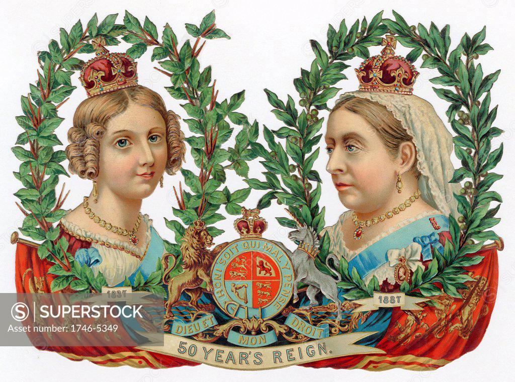 Stock Photo: 1746-5349 Victoria (1819-1901) Queen of Great Britain and Ireland from 1838. Scrapbook souvenir for her Jubilee of 1887 showing her then and at her accession in 1837. Chromolithograph