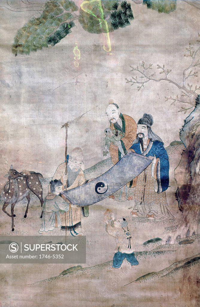 Stock Photo: 1746-5352 Three sages of T'ai Chi surrounded by symbols of long life and immortality (tree, deer, peach) In centre is Yin-Yan symbol. Derived from Shalin martial arts and Taoism, T'ai Chi ensures circulation of universal energy 'chi'. 17/18th century.