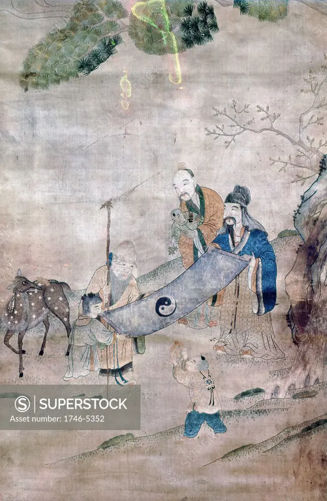 Three sages of T'ai Chi surrounded by symbols of long life and immortality (tree, deer, peach) In centre is Yin-Yan symbol. Derived from Shalin martial arts and Taoism, T'ai Chi ensures circulation of universal energy 'chi'. 17/18th century.
