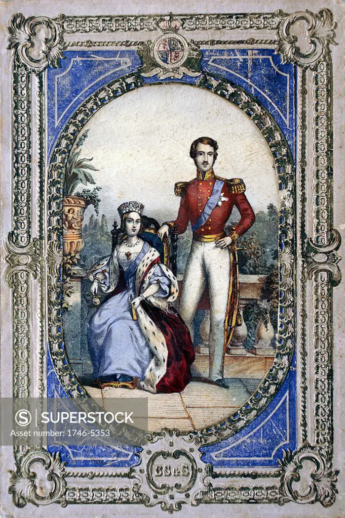 Queen Victoria (1819-1900) crowned 28 June 1838. Shown here with Prince Albert as a youthful married couple both wearing the blue ribbon of the Order of the Garter. Coloured lithograph.