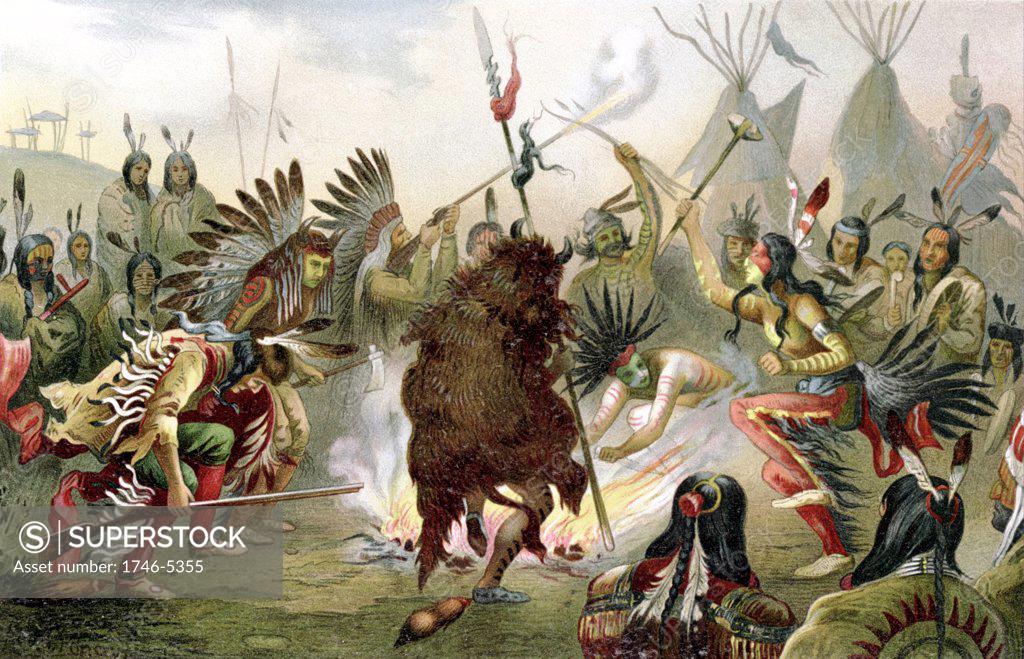 Stock Photo: 1746-5355 Sioux (Dakota, North American Plains Indians) War Dance: Usually 4 days of ceremonies before departure for battle. Ceremonies such as this induce a state of self hypnosis. Chromolithograph 1888.