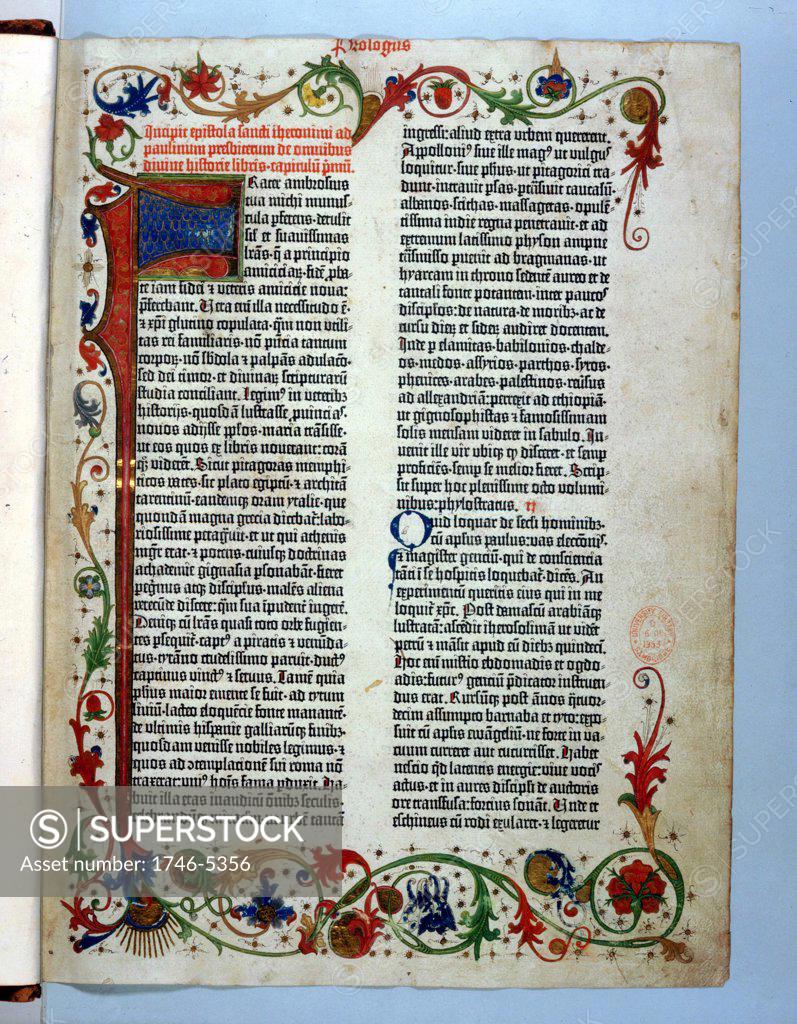 Stock Photo: 1746-5356 Page of Bible printed by Gutenberg, 1456. Illuminated border typical of a manuscript.