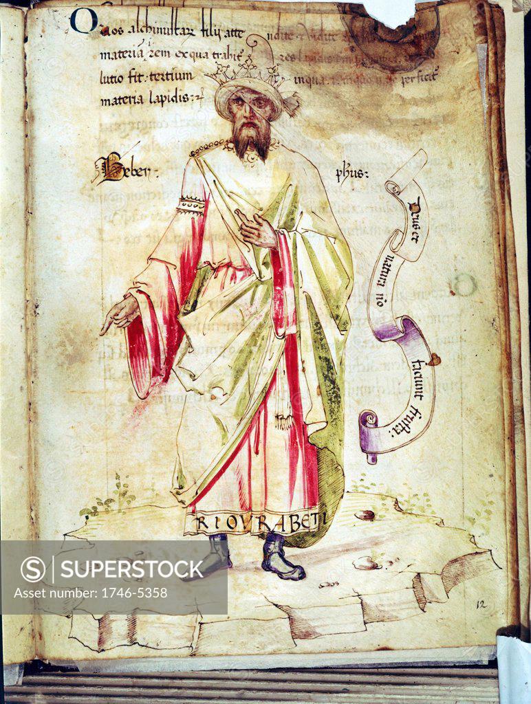 Stock Photo: 1746-5358 Jabir Ibn Hayyan, Abu Musa (c721-c815 - Al Jabir: Geber) Arab alchemist. Court physician to Harun al-Rashid. From manuscript in Biblioteca Medicea Laurensiana, Florence, Italy