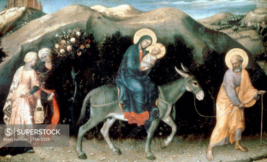 Stock Photo: 1746-5359 Flight into Egypt: Bible Matthew 2. Predella panel from Gentile da Fabriano (c1385-1427) altarpiece 'Adoration of the Magi' 1423, tempera on wood. Mary, riding on a donkey, carries Jesus  in swaddling bands, Joseph leads donkey. All three have haloes.