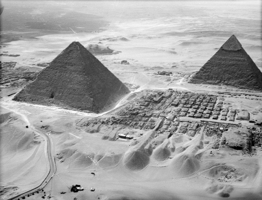 aerial view of the pyramids, Egypt. The two largest pyramids of Giza. Taken from the west. 1932