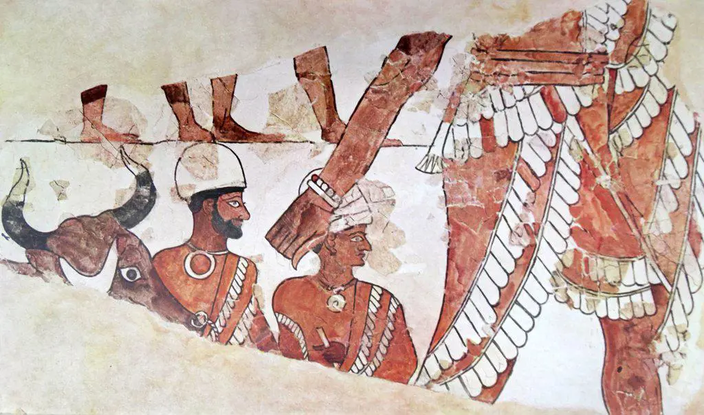 Mesopotamia: Palace of Mari. Part of a sacrificial scene, restored by Paul Francois, architect to the expedition of M Andre Parrot, from thousands of tiny fragments. (Wall painting. Early second millennium B.C.