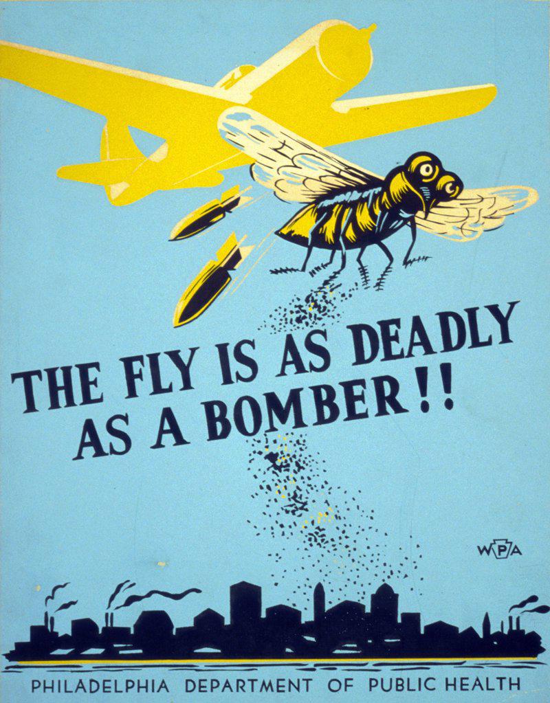 The fly is as deadly as a bomber!! Poster by Robert Muchley, : War Services Project, 1943 silkscreen, color, warning of potential health risks from exposure to flies.