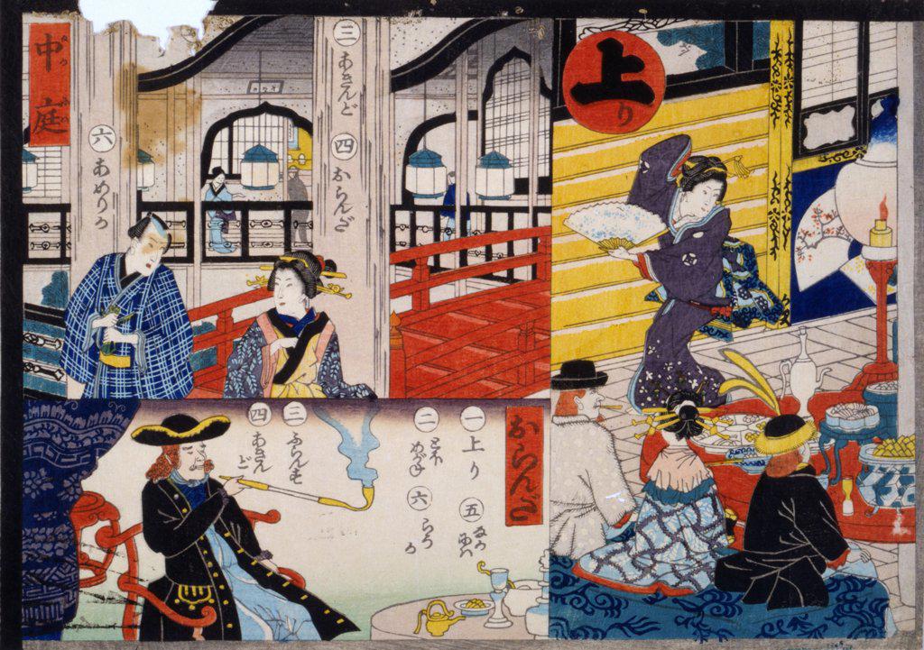 Japanese print showing three scenes from part of a Sugoroku game board. By Hiroshige Utagawa (1826-1869). Dated 1860