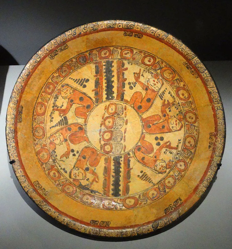 Mayan polychrome ceramic plate representing a group of seated figures; Mexico 600-900 AD