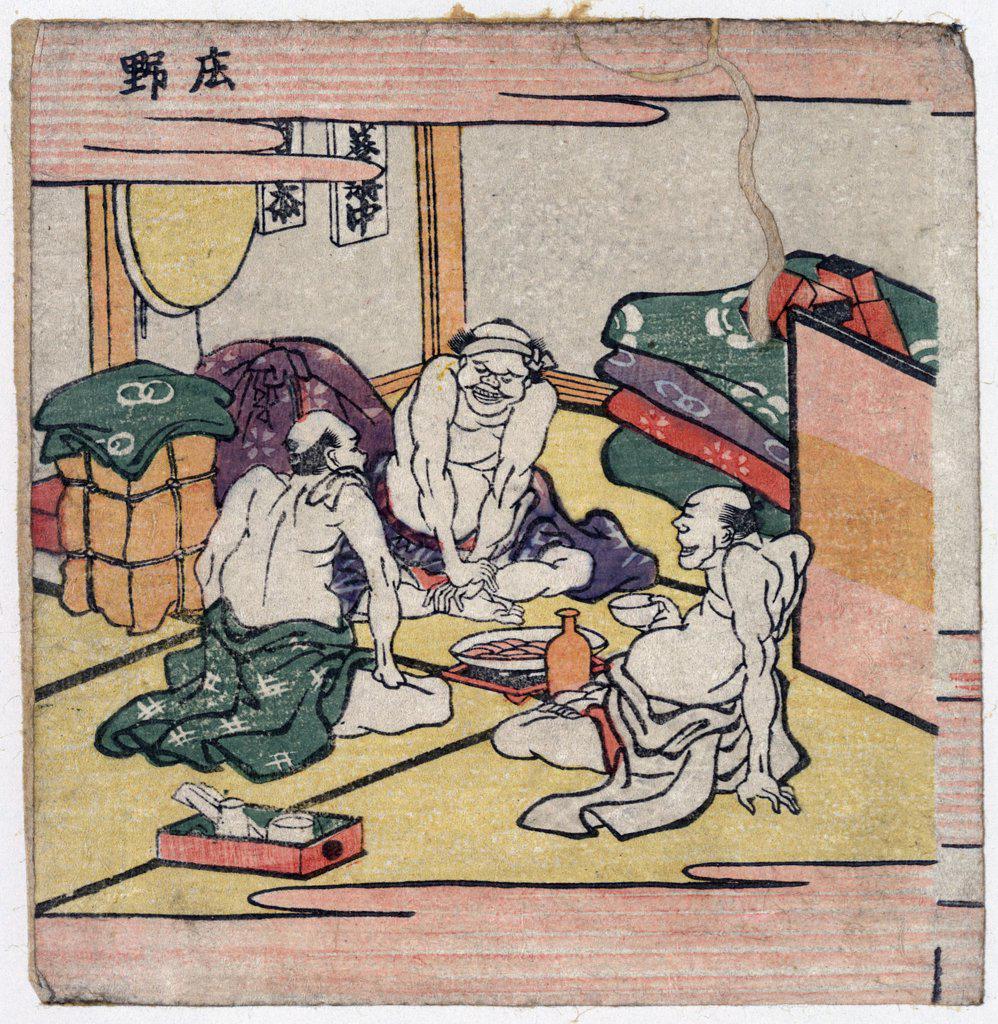 Shono. Print shows three travellers sitting in a room at a rest stop, eating and drinking. By Hokusai Katsushika.