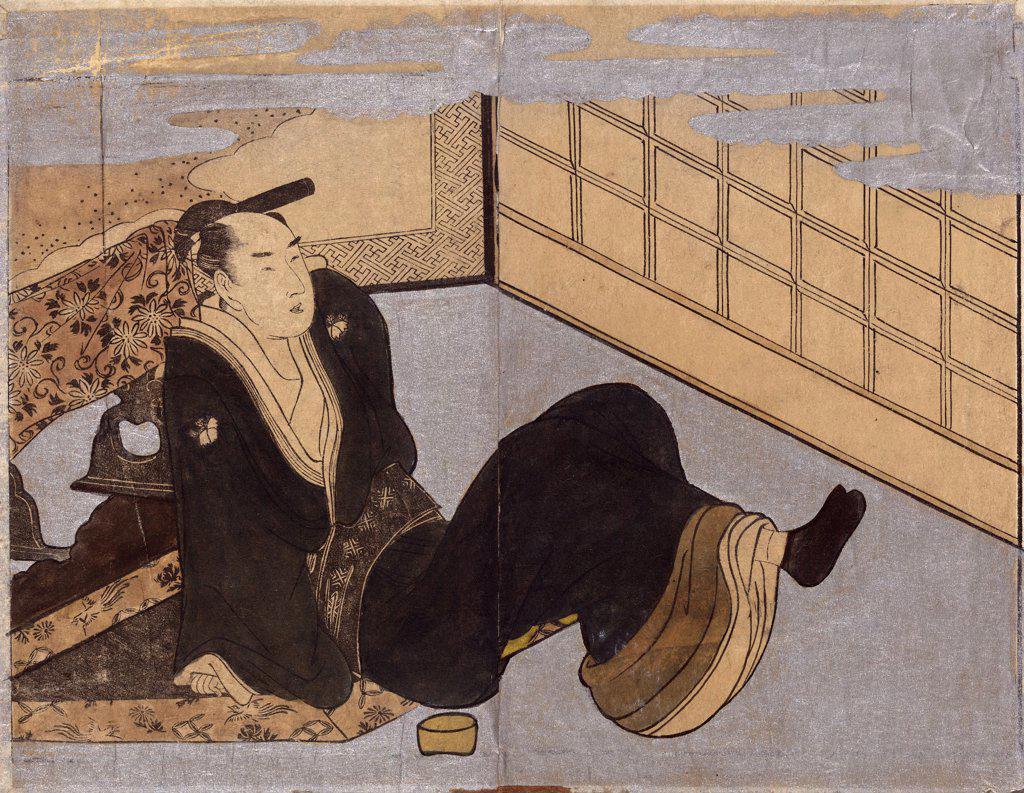 Print shows a man reclining.