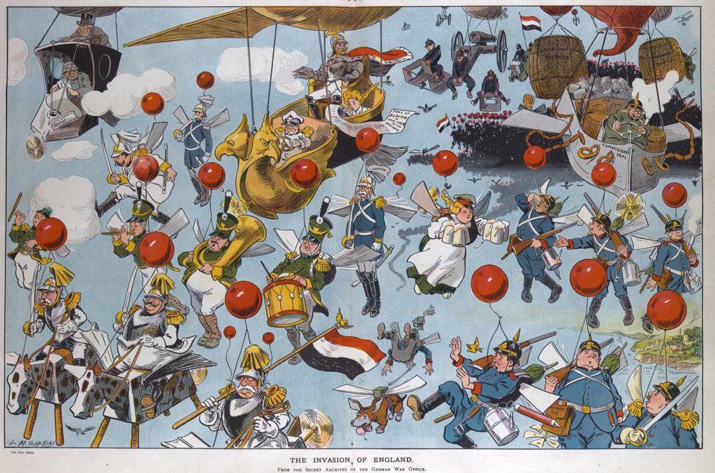 The invasion of England. Illustration shows German soldiers and officers invading England by means of hot-air balloons and other types of airships, also shows German emperor William II dictating Fall of Albion an epic poem by the Kaiser to his secretary, and war correspondent Richard Harding Davis writing How to Conduct a Campaign.