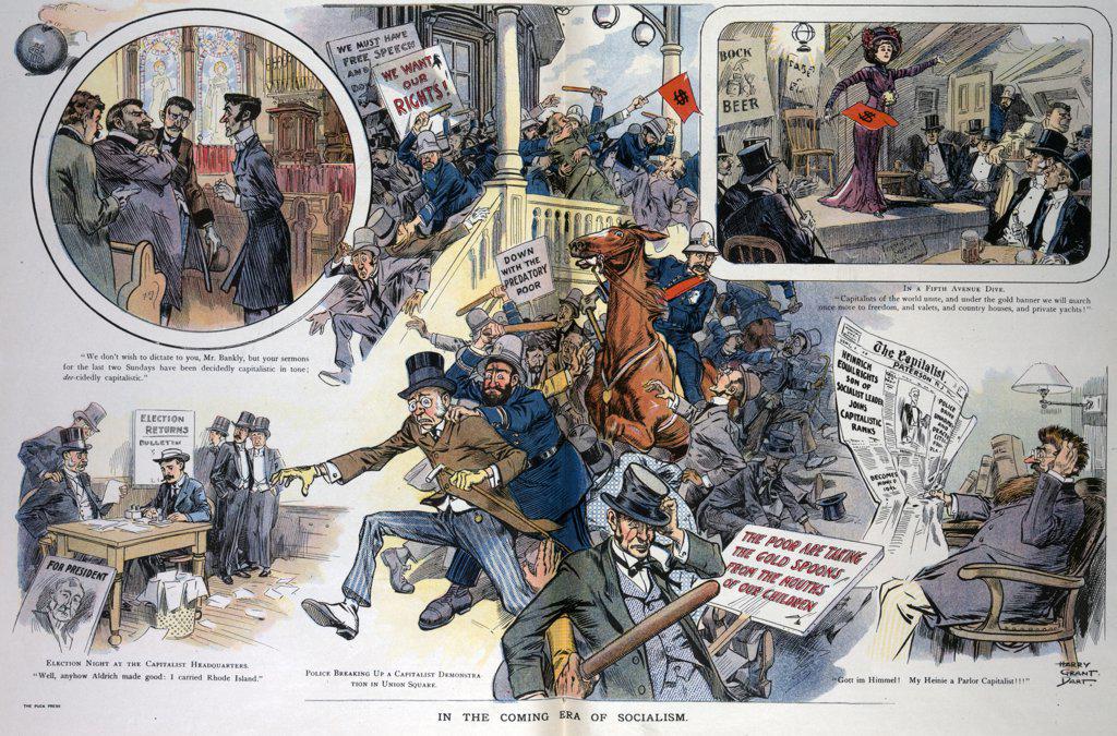 In the coming era of socialism. Illustration shows police breaking up a demonstration by capitalists who are turning the tables on the socialists by demanding their rights. Also shows a capitalist rally in a Fifth Avenue Dive, socialist thugs pressuring a priest for delivering sermons dee-cidely capitalistic, a socialist dismayed by a newspaper headline that states Heinrich equal rights son of socialist leader joins capitalistic ranks, and a poor showing for capitalists in the Election Returns B