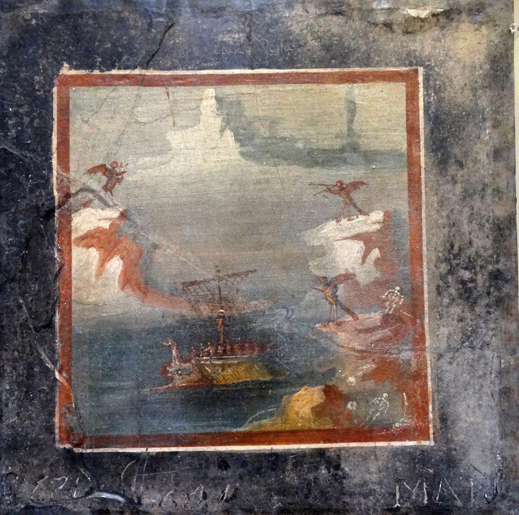 Roman fresco panel from a painted wall: Ulysses resists the songs of the Sirens Roman, about AD 50-75 From Pompeii. Ulysses is tied to the mast of his ship. The Sirens perch on high rocks