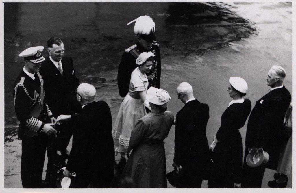 Photograph of Queen Elizabeth II arriving on the SS Gothic, during her coronation world tour, Auckland, New Zealand. Dated 1954