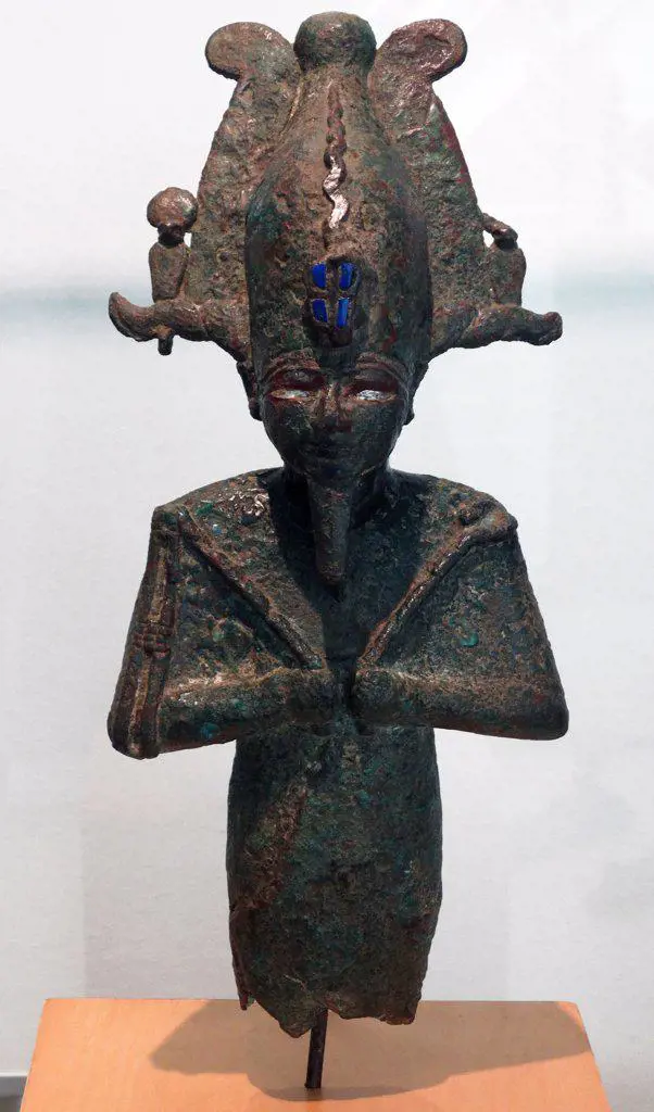 Statuette of the god ancient Egyptian God Osiris. Bronze. Late Period (715-332 BC). In a bloody battle, Seth dismembered Osiris and spread his remains all around Egypt. Isis searched for the fragments to make a mummy and thus bring her beloved husband to life once again