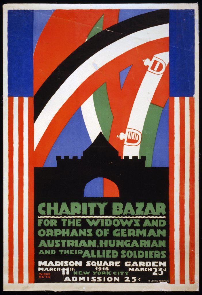 Lithograph, colour, print, poster for a charity bazaar for the widows and orphans of German, Austrian, Hungarian and their allied soldiers at Madison Square Garden, New York on March 11th, 1916. Poster by the artist Winold Reiss (1886-1953) showing pennants and flags above an entrance.