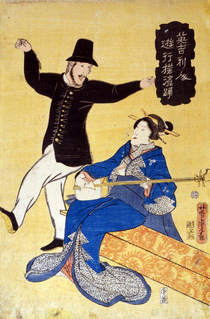 Print on hosho paper, woodcut, colour shows an Englishman dancing in Yokohama. Artist Yoshitora Utagawa (active) 1850-1870. Japanese print shows an Englishman dancing while a Japanese woman plays the shamisen, Yokohama, Japan.