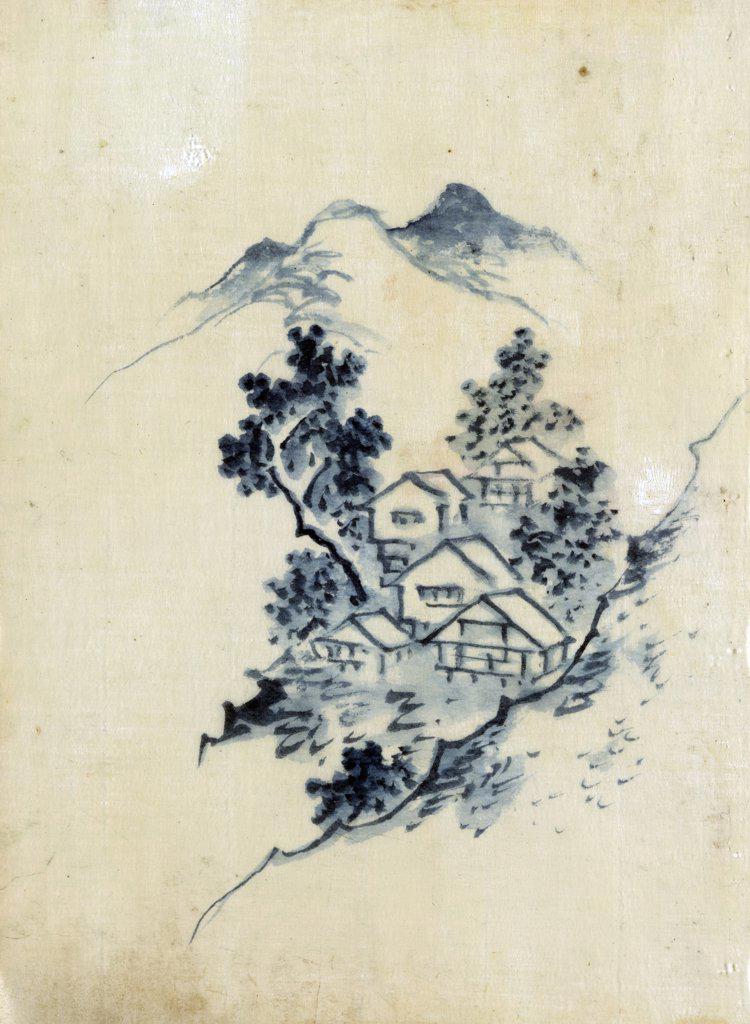 Buildings nestled among trees in a mountain valley by Hokusai Katsushika (1760-1849). Drawing on thin handmade paper : ink wash, colour.
