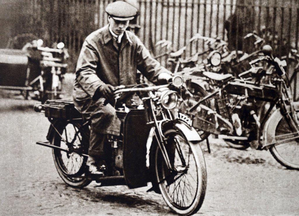 Photograph of Prince Albert Frederick Arthur George (1895-1952) riding his motor-cycle. Dated 20th Century