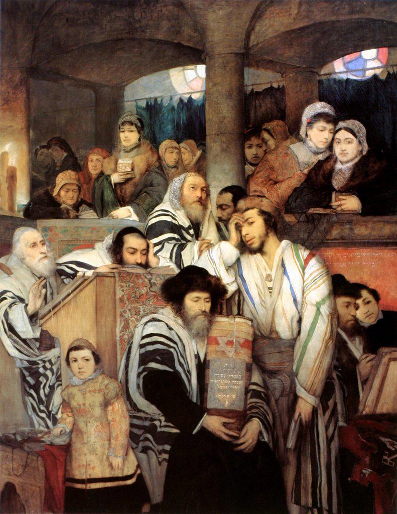 Painting titled 'Jews Praying in the Synagogue on Yom Kippur'. Painted by Maurycy Gottlieb (1856 ñ 1879) Polish Jewish painter. Dated 1871