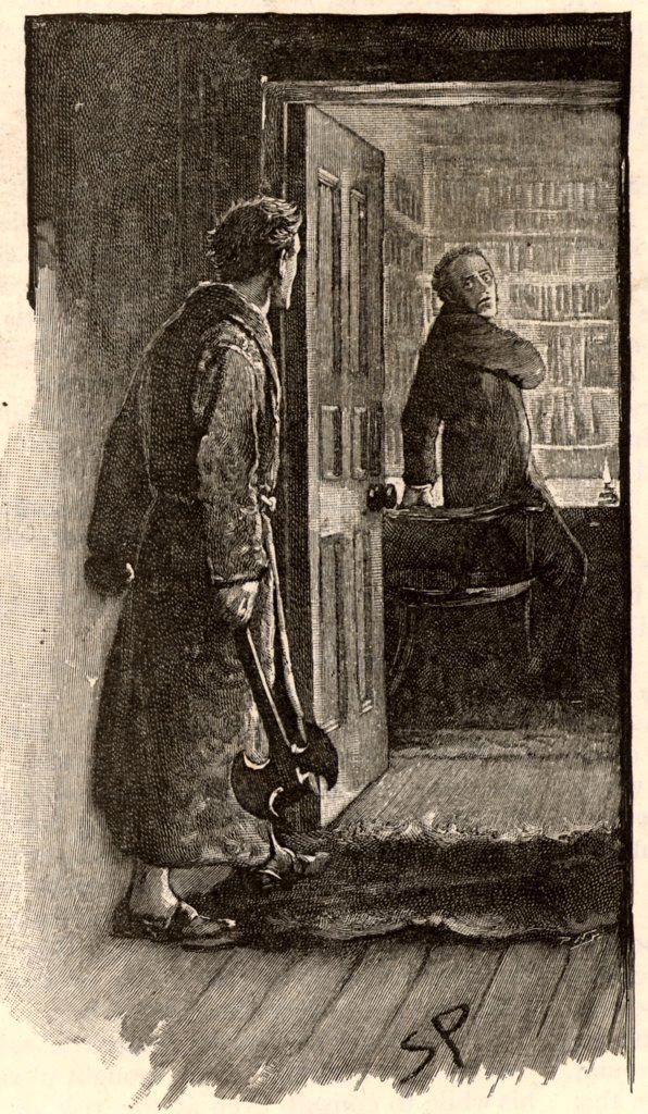 'The Adventure of the Musgrave Ritual'. Reginald Musgrave, seeing a light under the Library door in the middle of the night, is surprised to discover Brunton, his butler, not the burglar he expected. From The Adventures of Sherlock Holmes by Conan Doyle from The Strand Magazine (London, 1893). Illustration by Sidney E Paget, the first artist to draw Sherlock Holmes.  Engraving.