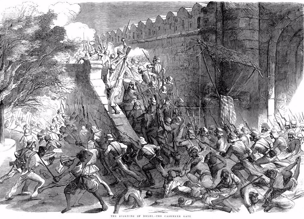 Indian (Sepoy) Mutiny, also known as the Sepoy Mutininy or the Great War of Independence: Siege of Delhi; Colonel Campbell's troops storming the Cashmere Gate after engineers had blown it up. From Illustrated London News 1857. Wood engraving.
