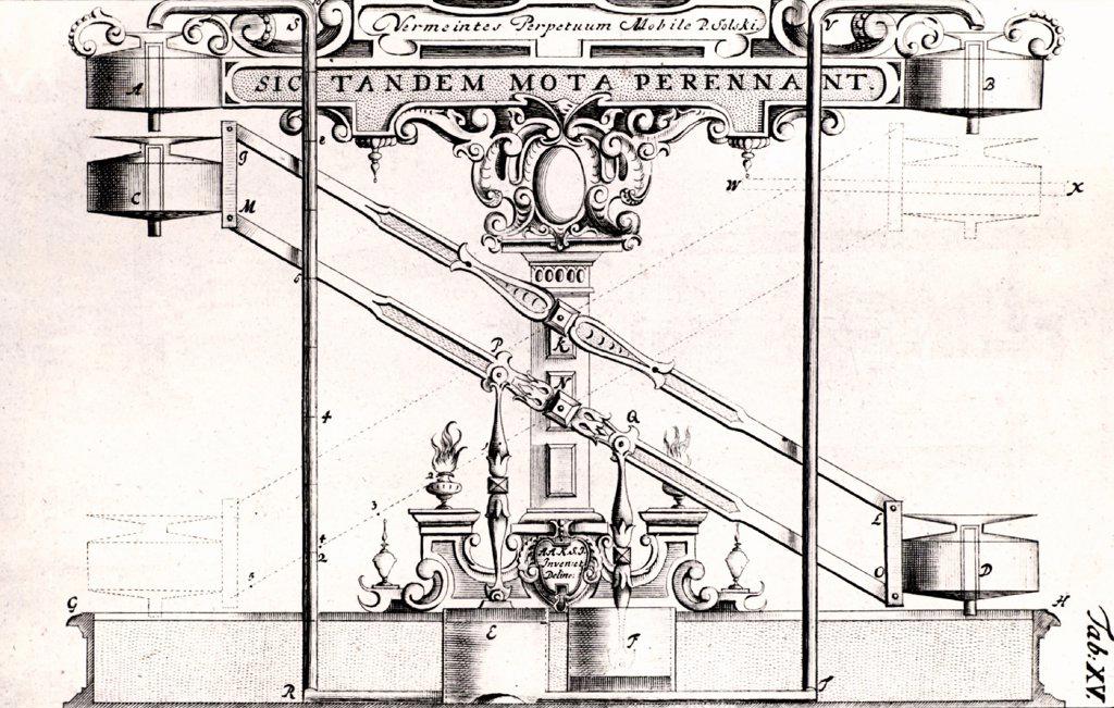 Perpetual motion machine described in about 1664 by Ulrich von Cranach of Hamburg.  Iron balls drive the water wheel that operates the Archimedean screw that raises the balls up again. Cranach claimed it would operate pumps for mines, and insisted that it stood in water. This would have increased energy losses, but was probably necessary to hide a secret driving mechanism. Engraving from The Gentleman's Magazine (London, 1747).