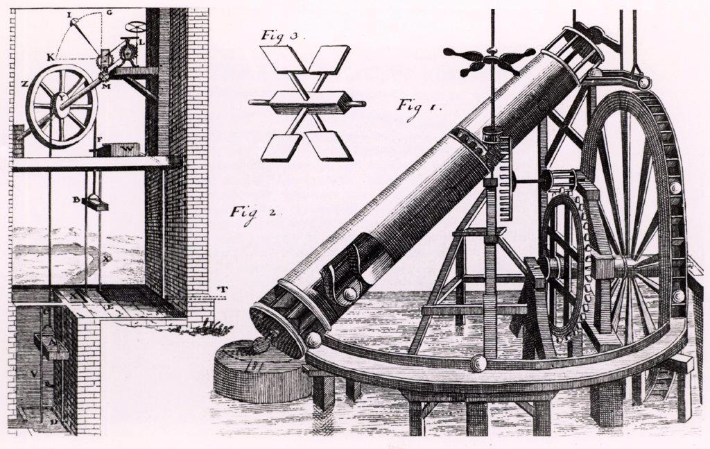 Perpetual motion: A garden fountain worked by water from upper cistern which is filled with water from an Archimedian screw.  The screw is driven by a perpetual motion device using a wheel and lead balls.  The balls are supposed to force the wheel round as they fall from the inside of the wheel to its outer circumference.  Engraving from Theatrum Machinarum Novum by George Andreas Bockler (Nuremberg, 1673).