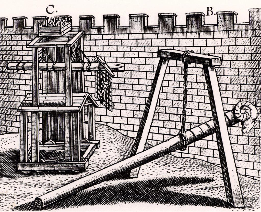Roman soldiers using two forms of battering ram against the walls of a fortress.  B is hung on a chain hanging from a frame, so enabling the men to concentrate their strength on thrusting the battering ram forward rather than the simpler form carried on their shoulders. C is mounted on a siege tower.  From Poliorceticon sive de machinis tormentis telis by Justus Lipsius (Joost Lips) (Antwerp, 1605). Engraving.