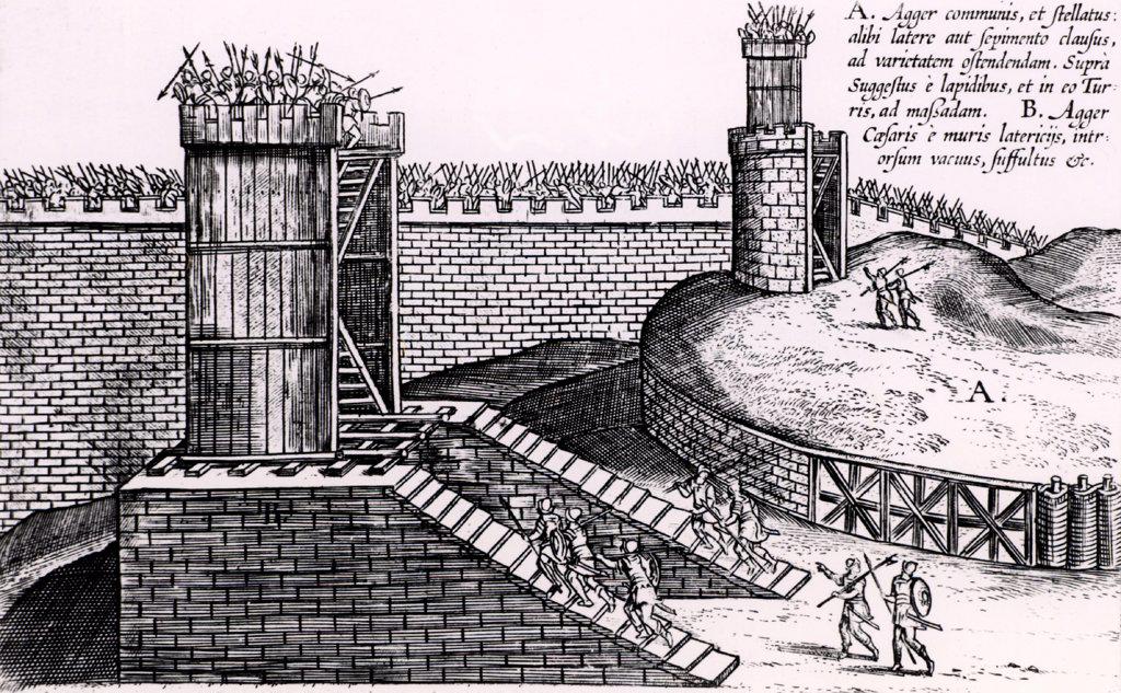 Roman siege towers positioned to give attackers the advantage of height above the city walls. From Poliorceticon sive de machinis tormentis telis by Justus Lipsius (Joost Lips) (Antwerp, 1605). Engraving.