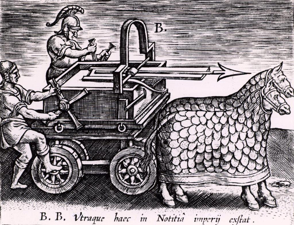 Roman machine for firing arrows mounted on a carriage drawn by two mailed horses. From Poliorceticon sive de machinis tormentis telis by Justus Lipsius (Joost Lips) (Antwerp, 1605). Engraving.