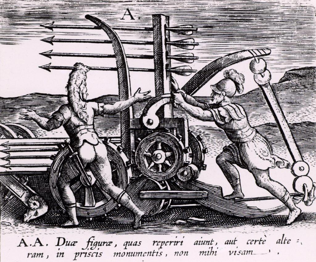 Reconstruction of a Roman war engine for firing a salvo of arrows, sometimes referred to as a Scorpion. From Poliorceticon sive de machinis tormentis telis by Justus Lipsius (Joost Lips) (Antwerp, 1605). Engraving.