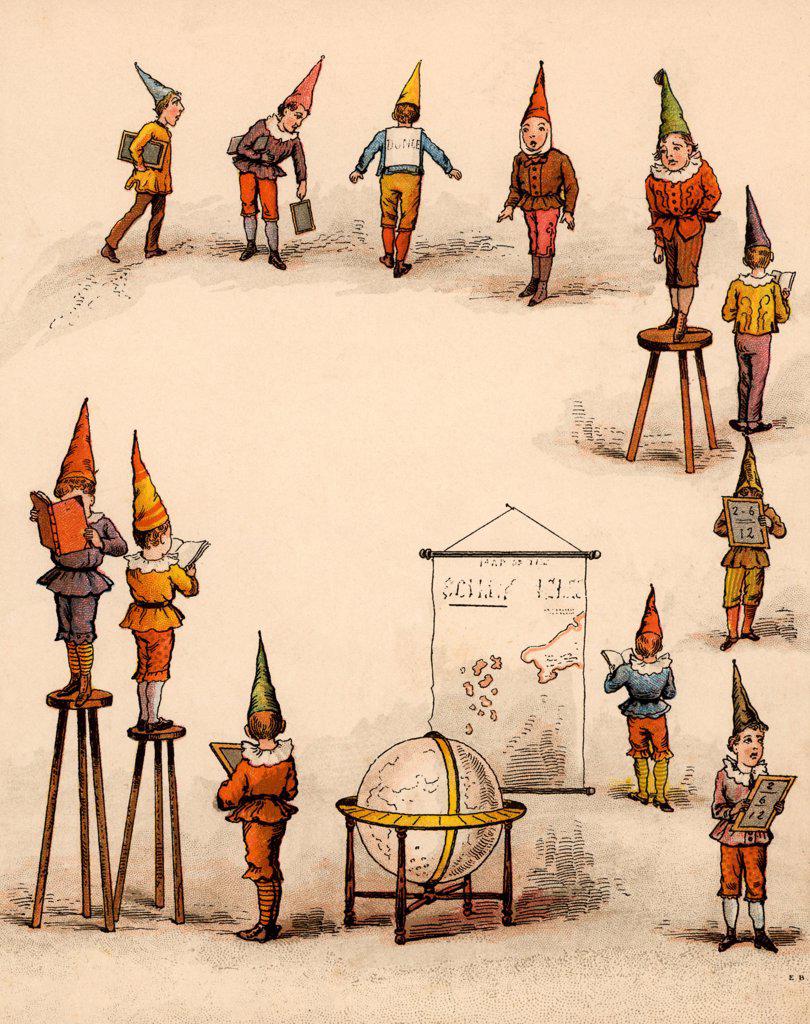 Twice Six are Twelve,/Leave dunces to themselves,/Naughty chaps, to paint their caps./Twice six are ?'.  From The Merry Multiplication Table by Irving Montague (London c1870). Chromolithograph.
