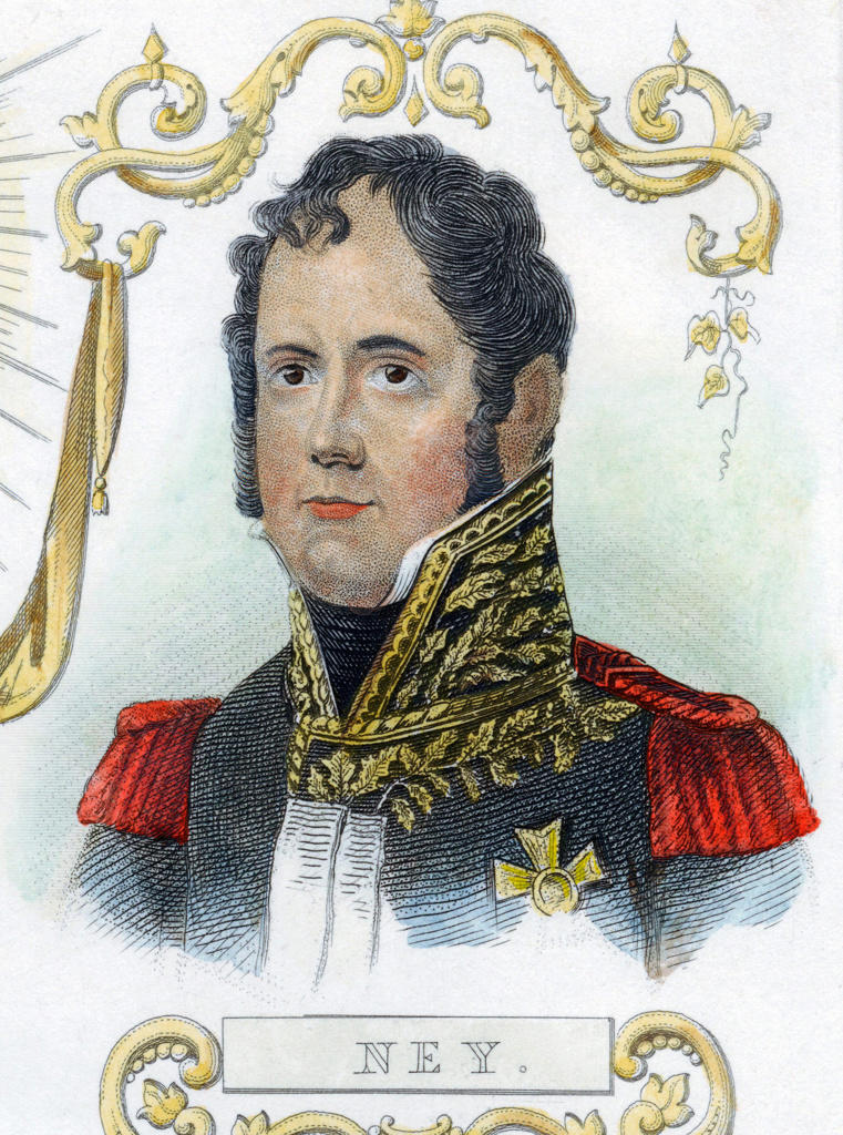 Michel Ney (1769-1815) French soldier. Led rearguard of the 1812 retreat from Moscow: commanded French centre at Waterloo. Hand-coloured engraving.