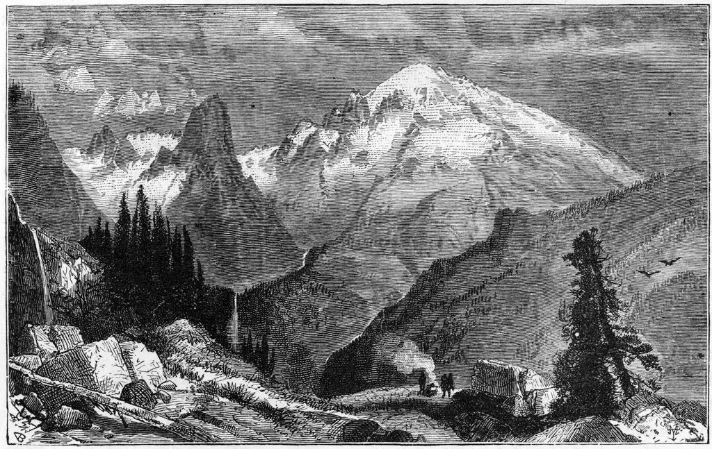 Mount Shasta, northern peak of the Sierra Nevada, California, USA. Wood engraving c1870