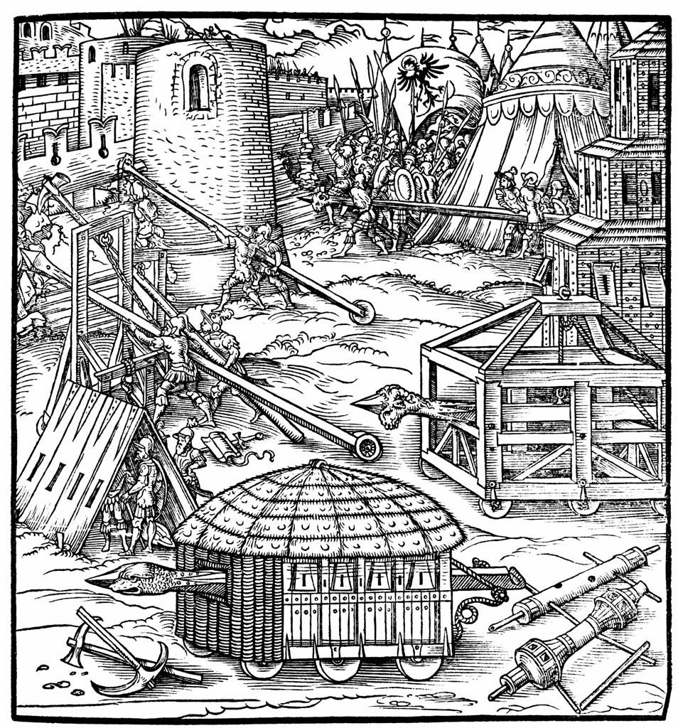 Various forms of siege equipment, including battering rams. Woodcut from Gaultherius Rivius Architectur ... Mathematischen ... Kunst 1547.