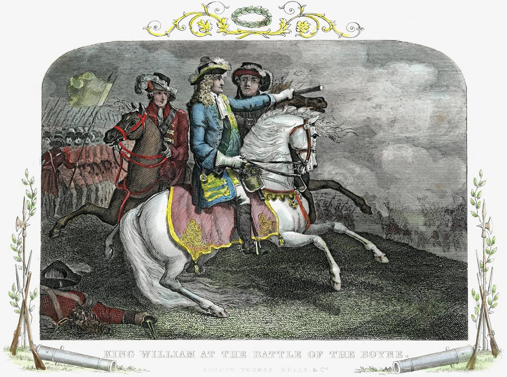 William III (1650-1702) King of Great Britain and Ireland from 1689. William at the Battle of the Boyne (1690) where he defeated supporters of the deposed James II. Hand-coloured engraving.