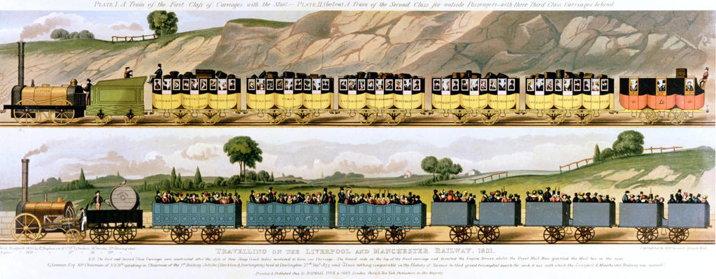 Travelling on the Liverpool and Manchester Railway 1831. Top: 1st class carriages drawn by locomotive 'Jupiter'. Bottom: 2nd and 3rd class carriages drawn by locomotive 'North Star'. The world's first passenger railway, the Liverpool and Manchester opened 15 September 1830:  Principal engineer George Stephenson. Lithograph.