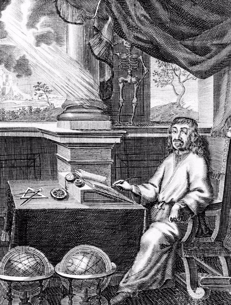 Rene Descartes (1596-1650) French philosopher and mathematician in his study.  Engraving from a 17th century edition of his colected works.