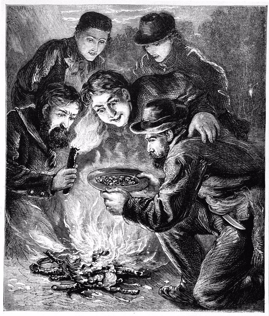 Miners in the Californian gold fields inspecting the result of their digging by the light of the camp fire.  Wood engraving London c1880.