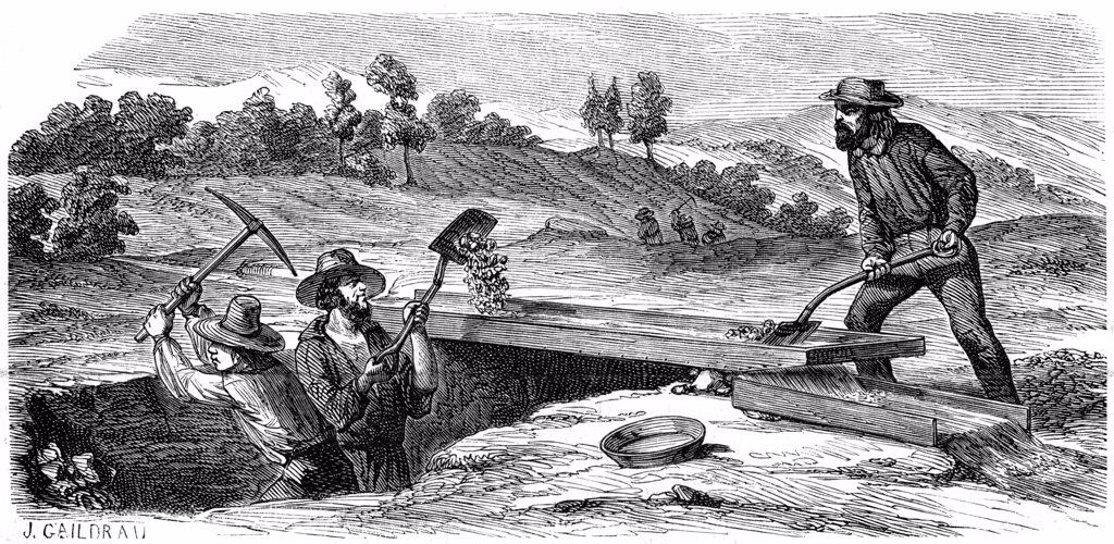Miners washing for gold in the Californian gold fields. The apparatus they are using is called a Long Tom. From L'Illustration Paris 18 June 1853. Wood engraving