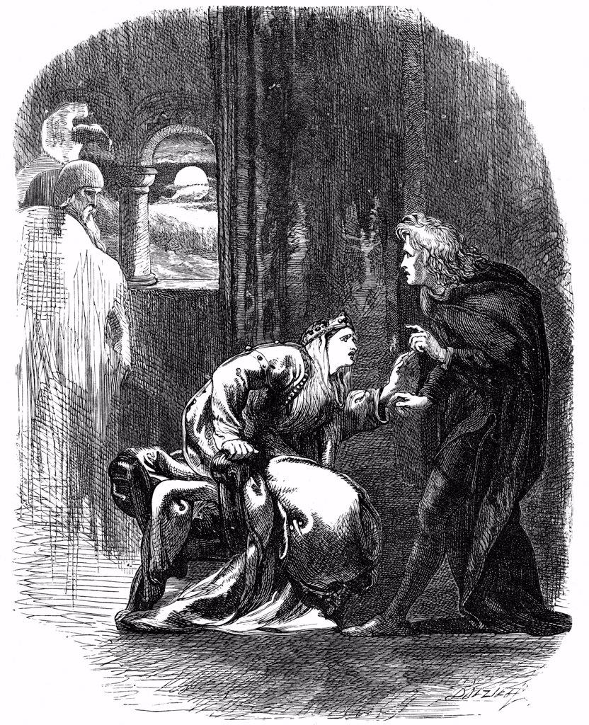 Shakespeare Hamlet Act 3 Sc 4. Ghost of Hamlet's father appearing to him to remind him that he must take vengeance on his mother and uncle for their treachery. 19th century engraving.
